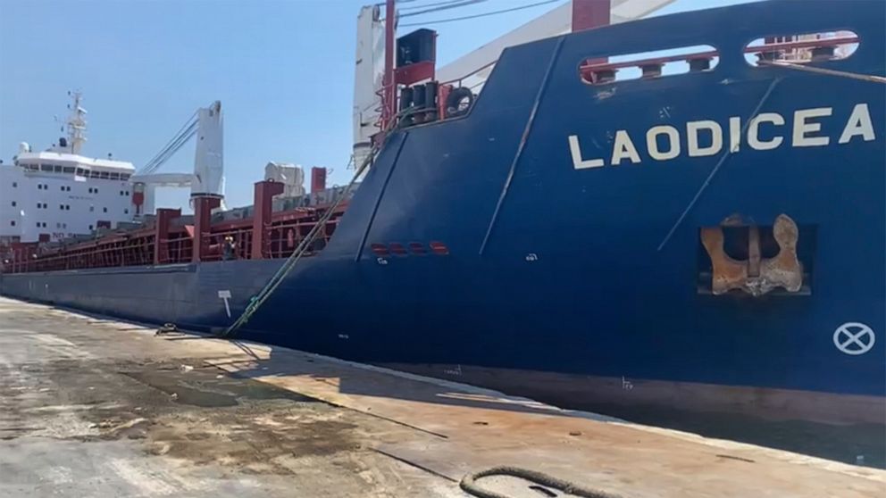 This frame grab from a video provided on Friday, July 29, 2022, shows A Syrian cargo ship Laodicea docked at a seaport, in Tripoli, north Lebanon. Lebanon appeared Friday to reject claims by the Ukrainian Embassy in Beirut that a Syrian ship docked i