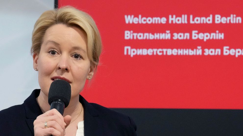 FILE -- Berlin's mayor Franziska Giffey speaks during a press conference on the opening of the 'Welcome Hall State of Berlin' for refugees from the Ukraine in Berlin, Germany, Tuesday, March 8, 2022. The mayor of the Ukrainian capital of Kyiv, Vitali