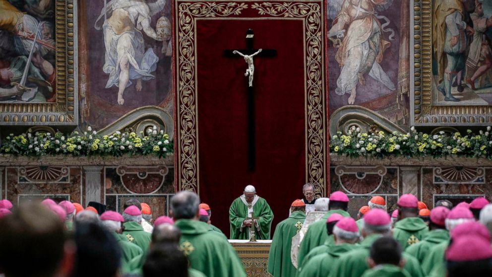 Pope Francis celebrates Mass at the Vatican, Sunday, Feb. 24, 2019. Pope Francis celebrated a final Mass to conclude his extraordinary summit of Catholic leaders summoned to Rome for a tutorial on preventing clergy sexual abuse and protecting childre