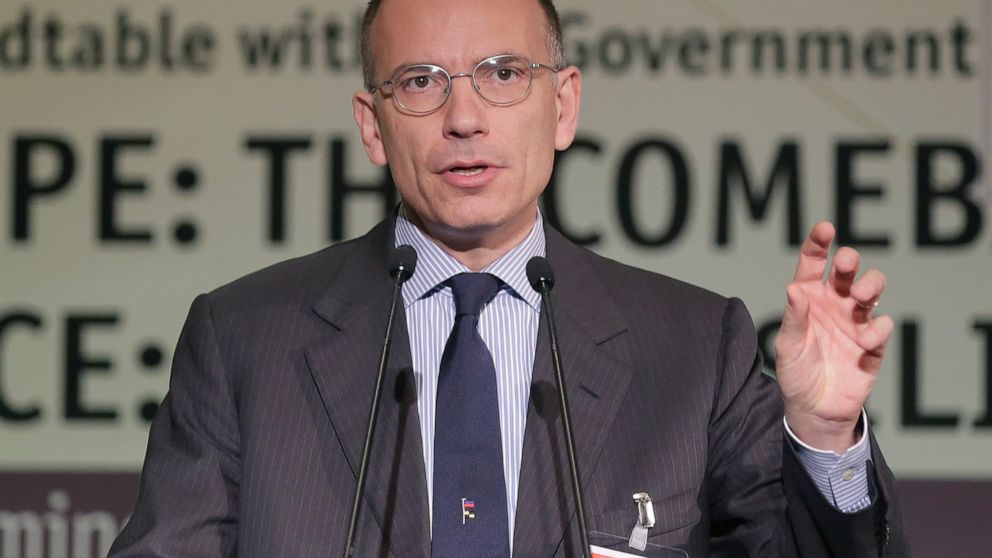 FILE - Former Italian Premier Enrico Letta gives a speech during an economic conference in Athens, on May 14, 2015. Democratic Party leader Enrico Letta underlined threats to European democracy by right-wing nationalistic parties in a video released 