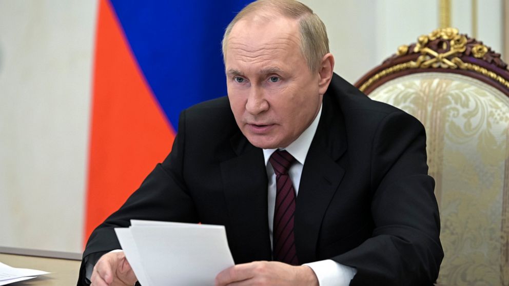 Russian President Vladimir Putin leads a meeting of the Coordination Council via videoconference in Moscow, Russia, Tuesday, Oct. 25, 2022. Speaking via video link at a meeting of the council he created last week to help coordinate the delivery pf we