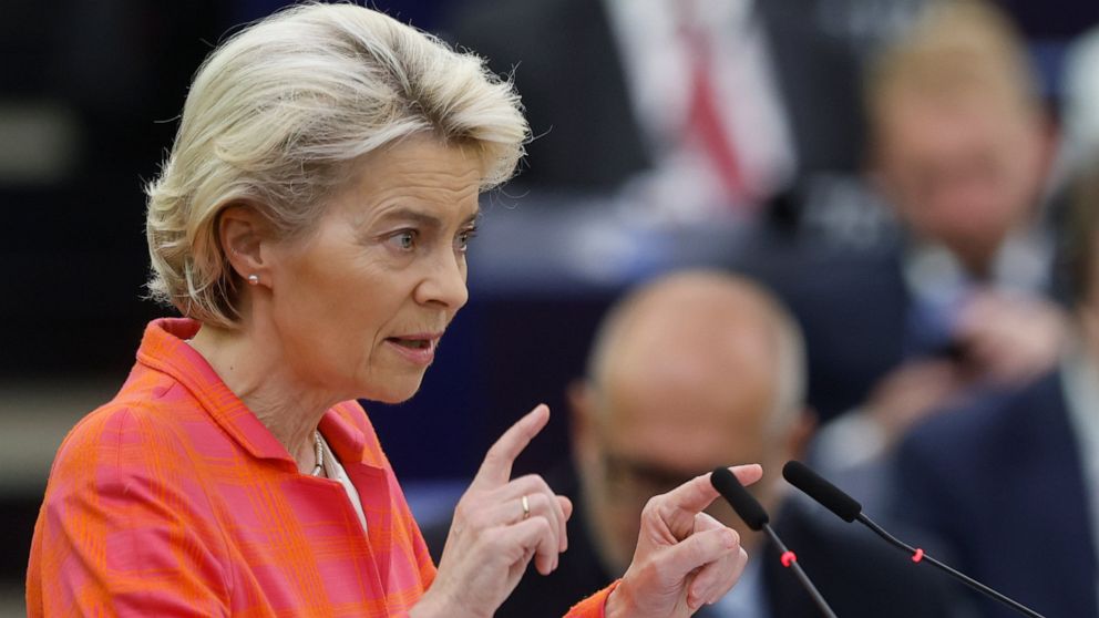 European Commission President Ursula von der Leyen delivers her speech at the European Parliament during the presentation of the program of activities of the Czech Republic's EU presidency, Wednesday, July 6, 2022 in Strasbourg, eastern France. The E