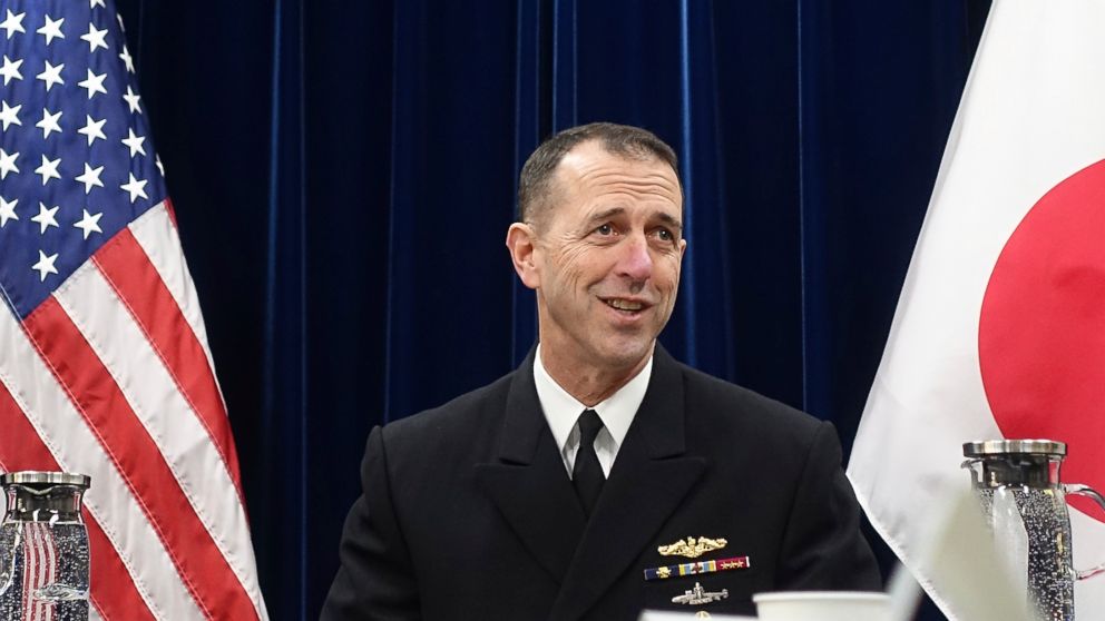 FILE - In this Jan. 18, 2019, file photo, Chief of U.S. Naval Operations Adm. John Richardson talks to reporters on regional security issues in Tokyo. The U.S. Navy's top officer says he urged China to follow international rules at sea to avoid confr