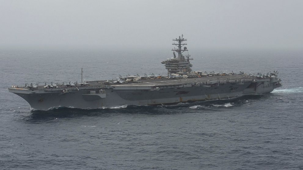 In this photo released by the U.S. Navy, the aircraft carrier USS Nimitz transits the Arabian Sea on Aug. 17, 2020. The U.S. Navy searched through the night into the morning of Monday, Sept. 7, 2020, for a sailor who went missing from the aircraft ca