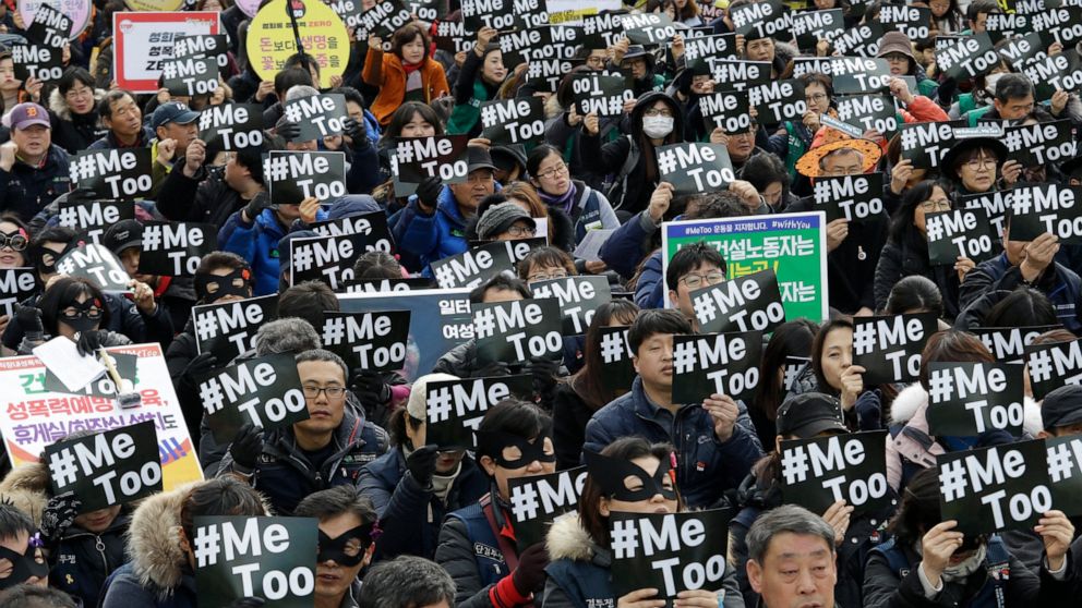 FILE - Demonstrators supporting the #MeToo movement stage a rally to mark the International Women's Day in Seoul, South Korea, March 8, 2018. For years, the story of South Korean women has been defined by perseverance as they made gradual but steady 