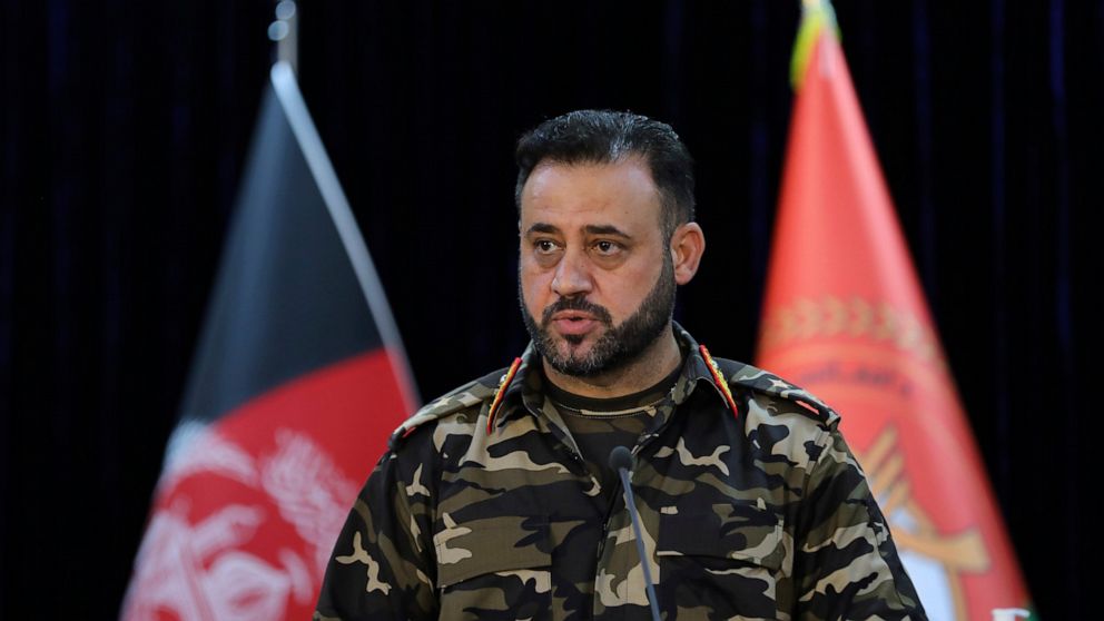 Gen. Ajmal Omar Shinwari, spokesperson for the Afghan armed forces speaks during a press conference in Kabul, Afghanistan, Sunday, Aug. 1, 2021. Shinwari said Sunday in a press conference that three provinces located in south and western parts of Afg