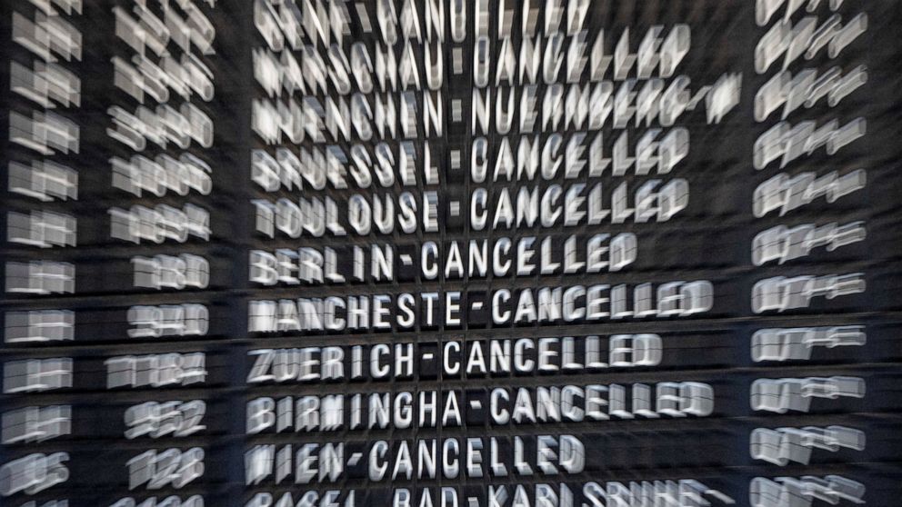 Cancelled flights are displayed on the flight board at the international airport in Frankfurt, Germany, Wednesday, July 27, 2022. Lufthansa went for a 24-hours-strike on Wednesday, most of the Lufthansa flights had to be cancelled. (AP Photo/Michael 