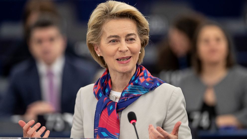 European Commission President Ursula von der Leyen delivers her speech at the European parliament Tuesday, Jan.14, 2020 in Strasbourg, eastern France. Croatian Prime Minister Andrej Plenkovic will present the priorities of the rotating Council presid