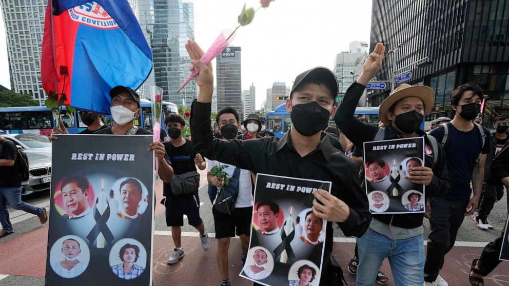 FILE - Myanmar nationals living in South Korea march to condemn Myanmar's recent executions of activists, at the down town in Seoul, South Korea, Saturday, July 30, 2022. Recent executions of four democracy activists in Myanmar have reenergized effor