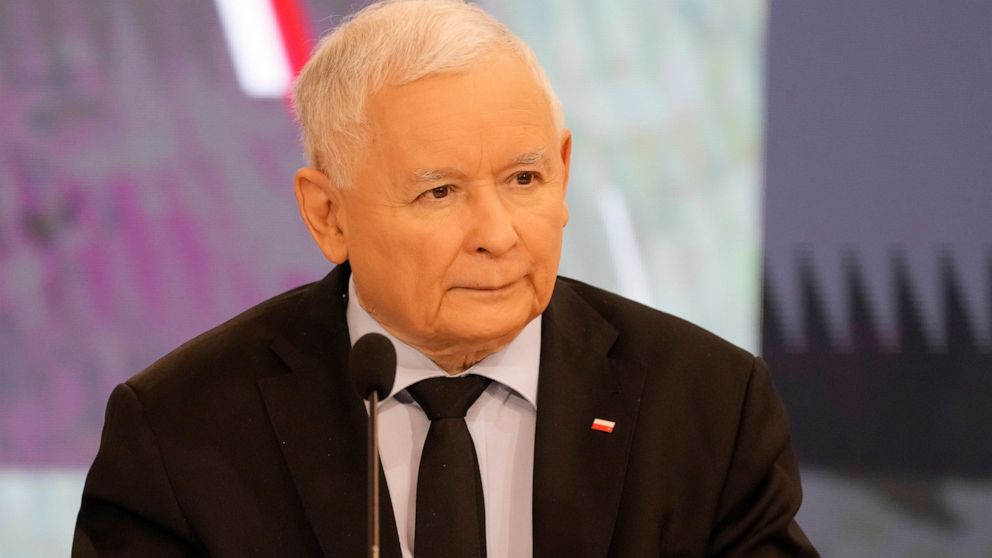 Jaroslaw Kaczynski, the head of Poland's ruling party Law and Justice, speaks at a news conference in Warsaw, Poland, on Tuesday Oct. 26, 2021. Kaczynski and Defense Minister Mariusz Blaszczak presented plans Tuesday for a bill to defend the fatherl