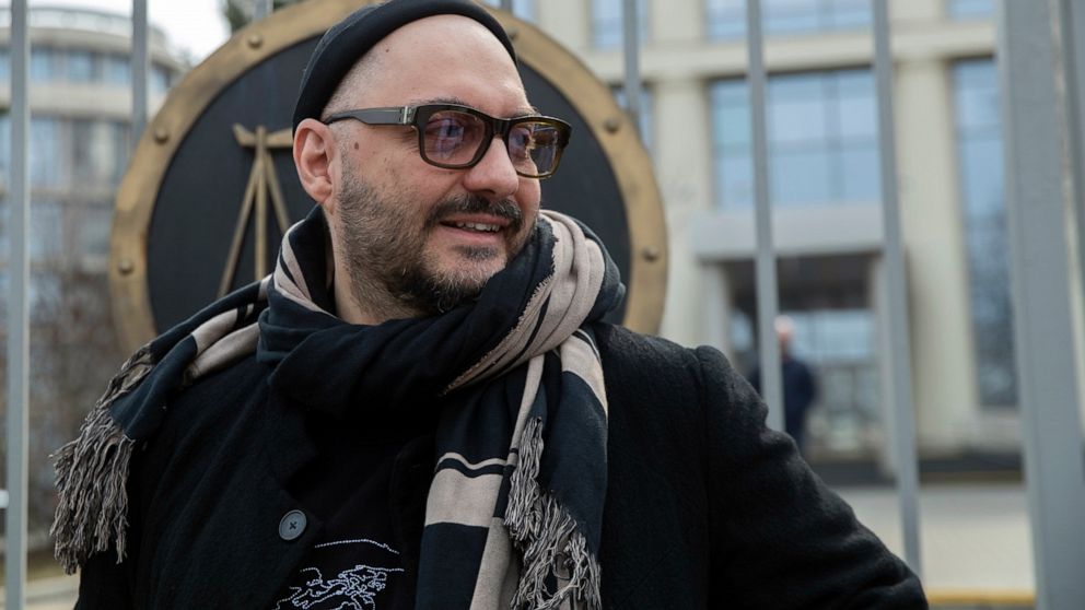 Russian theatre and film director Kirill Serebrennikov speaks to the media after a court hearing in Moscow, Russia, Monday, April 8, 2019. The Moscow City Court on Monday overturned a district court's decision to extend house arrest for Kirill Serebrennikov, and ordered him freed on his own recognizance until his trial. (AP Photo/Pavel Golovkin)