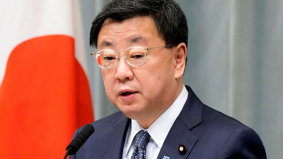Japan's Chief Cabinet Secretary Hirokazu Matsuno speaks during a press conference in Tokyo, Wednesday, June 8, 2022. Japan’s top government spokesman on Wednesday called Russia’s announcement of suspending an agreement allowing Japanese fishing in wa