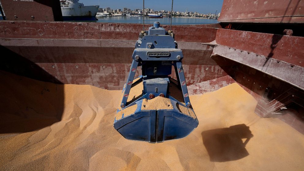 Trucks being filled with Ukrainian corn from the ship AK Ambition, sailing under the flag of Panama at Tripoli seaport, in Tripoli, north Lebanon, Monday, Sept. 26, 2022. A ship carrying thousands of tons of corn and vegetable oil arrived in northern
