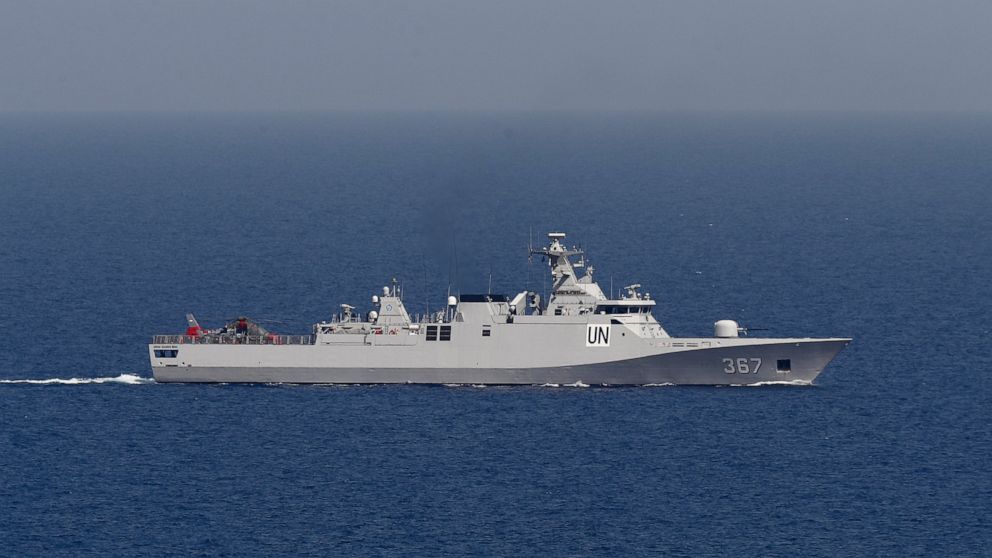 FILE - A UNIFIL Navy ship patrols in the Mediterranean Sea next to a base of the U.N. peacekeeping force, while Lebanon and Israel resumed indirect talks over their disputed maritime border with U.S. mediation, off the southern town of Naqoura, Leban