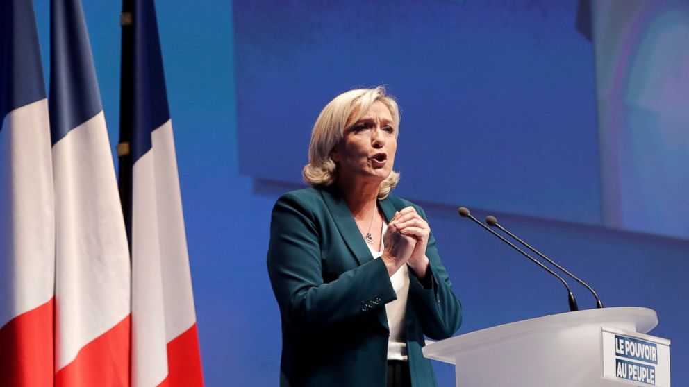 French far-right leader Marine le Pen delivers her speech during a campaign meeting in Paris, Sunday, Jan. 13, 2019. Le Pen's French far right party National Rally has launched Sunday its campaign for the European Parliament elections, where national
