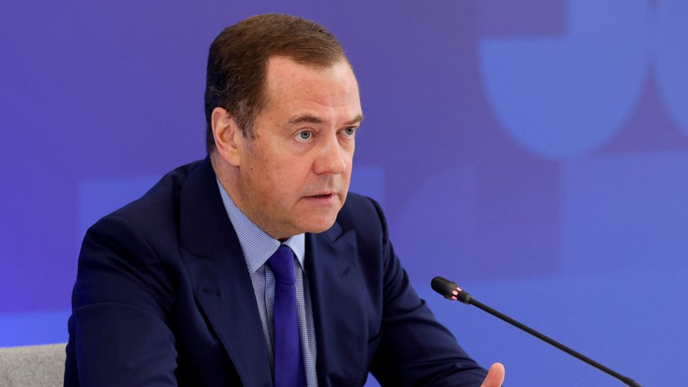 FILE - Russian Security Council Deputy Chairman and the head of the United Russia party Dmitry Medvedev speaks during a meeting of the Skolkovo Foundation Board of Trustees outside Moscow, Russia, Friday, May 13, 2022. Medvedev warned the U.S. Wednes