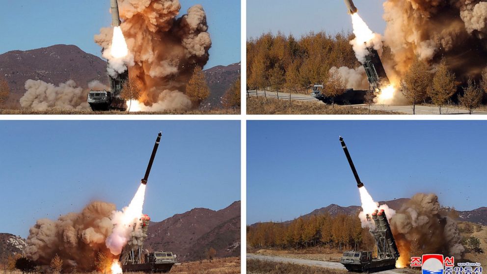This combination of photos provided by the North Korean government, shows what they say military operation held during Nov. 2-5, 2022, in North Korea. Independent journalists were not given access to cover the event depicted in this image distributed