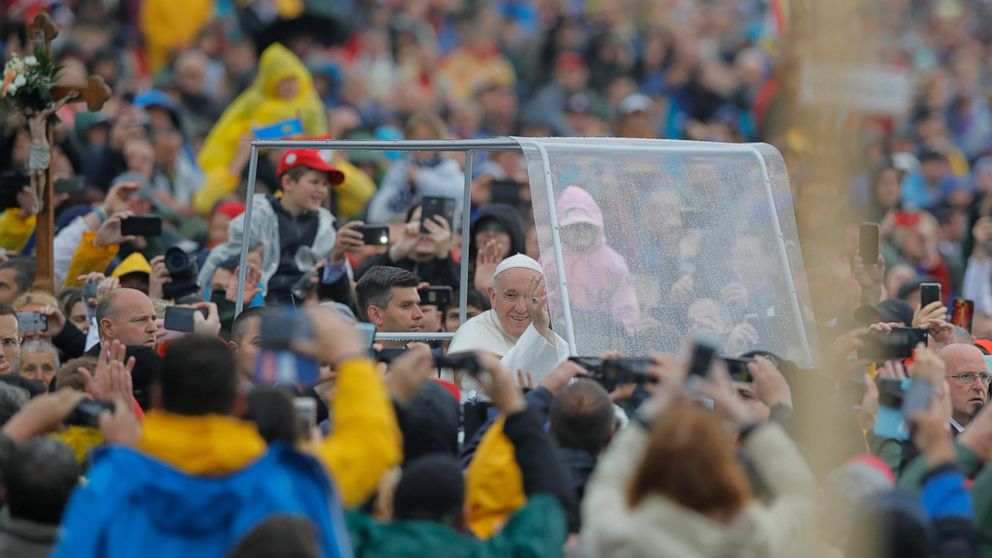 Pope Francis arrives to celebrate Mass at the Marian shrine, in Sumuleu Ciuc, Romania, Saturday, June 1, 2019. Francis began a three-day pilgrimage to Romania on Friday that in many ways is completing the 1999 trip by St. John Paul II that marked the