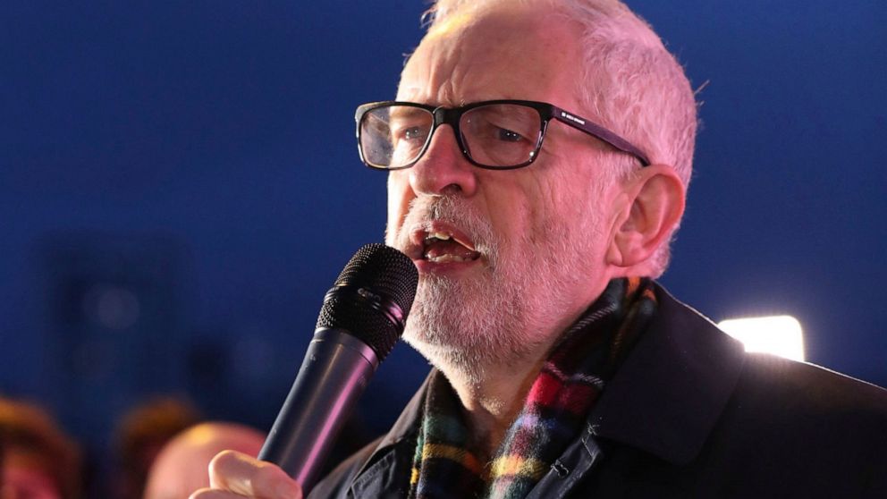 Britain's Main opposition Labour Party leader Jeremy Corbyn, speaks to supporters on the last day of campaigning ahead of the General Election, in Glasgow, Scotland, Wednesday Dec. 11, 2019. Britain goes to the polls in a General Election on Dec. 12.