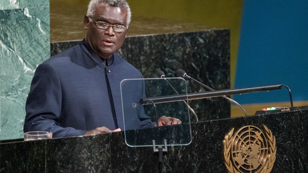 FILE - Manasseh Sogavare, Prime Minister of Solomon Islands, addresses the United Nations General Assembly, Friday, Sept. 22, 2017, at U.N. headquarters. Solomon Islands Prime Minister Sogavare has blamed foreign interference over his government's de