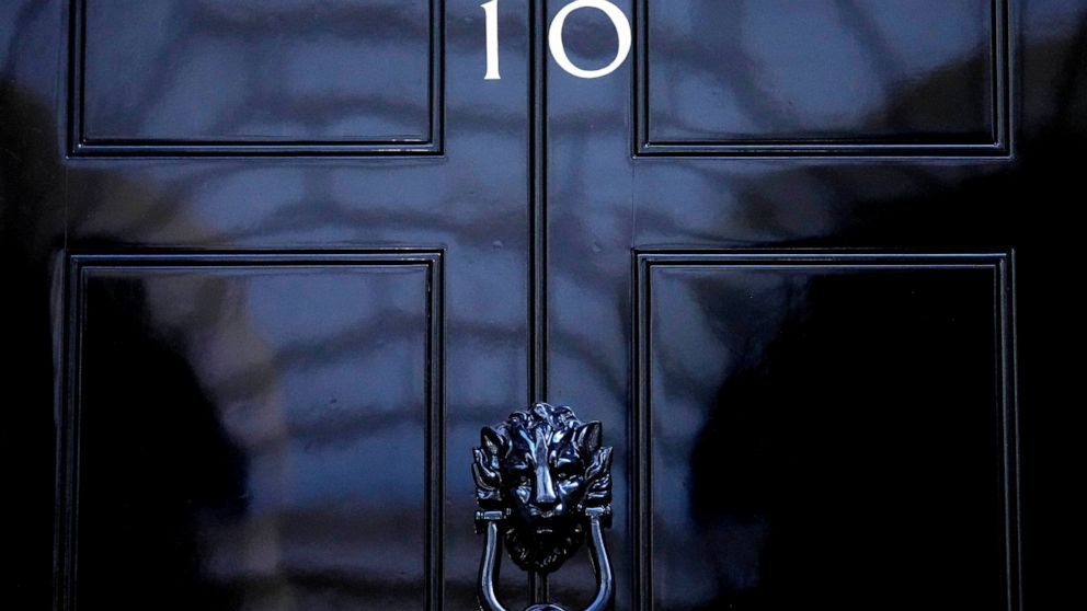 FILE - The door to 10 Downing Street in London, Friday, July 8, 2022. After weeks of waiting, Britain will finally learn who will be its new prime minister. The governing Conservative Party will announce Monday, Sept. 5, 2022 whether Foreign Secretar