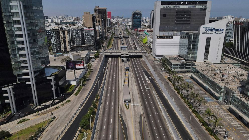 The "Via Rapida Libre" is empty in the San Isidro financial district of Lima, Peru, Tuesday, April 5, 2022. Peru’s President Pedro Castillo imposed a tight curfew on the capital and the country’s main port in response to sometimes violent protests ov