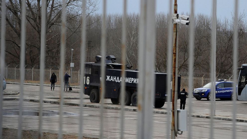 FILE - A water cannon truck is seen at the Kapitan Andreevo border crossing point between Bulgaria and Turkey on Saturday, Feb. 29, 2020. An international rights group says that Bulgarian authorities are attacking Afghan and other asylum-seekers, usi