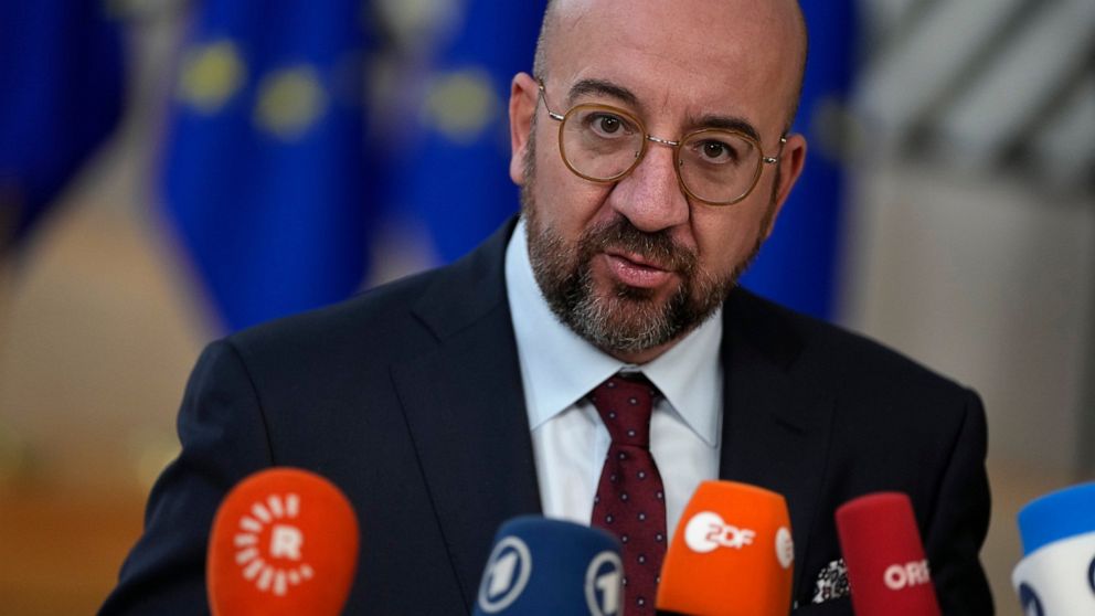 European Council President Charles Michel speaks with the media as he arrives for an EU summit in Brussels, Thursday, Dec. 15, 2022. EU leaders meet for a one day summit on Thursday to discuss Ukraine and further measures to contain energy prices hik