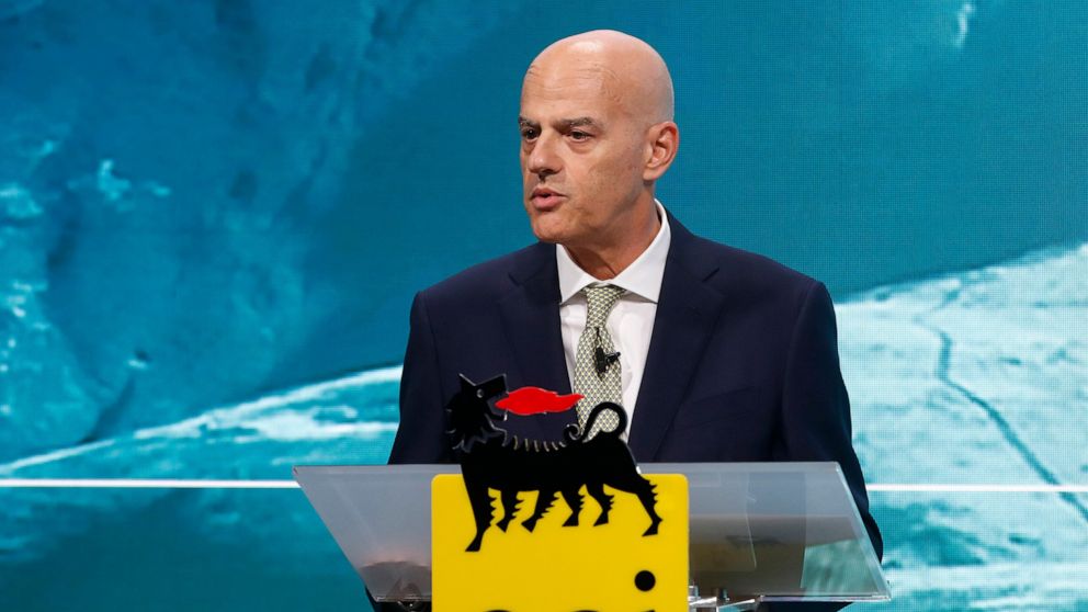 FILE - In this Friday, March 15, 2019 file photo, ENI CEO Claudio Descalzi delivers his speech during the 2019-22 ENI strategy presentation in San Donato Milanese, Milan, Italy. Oil giants Shell and Italy’s Eni were acquitted Wednesday, March 17, 202