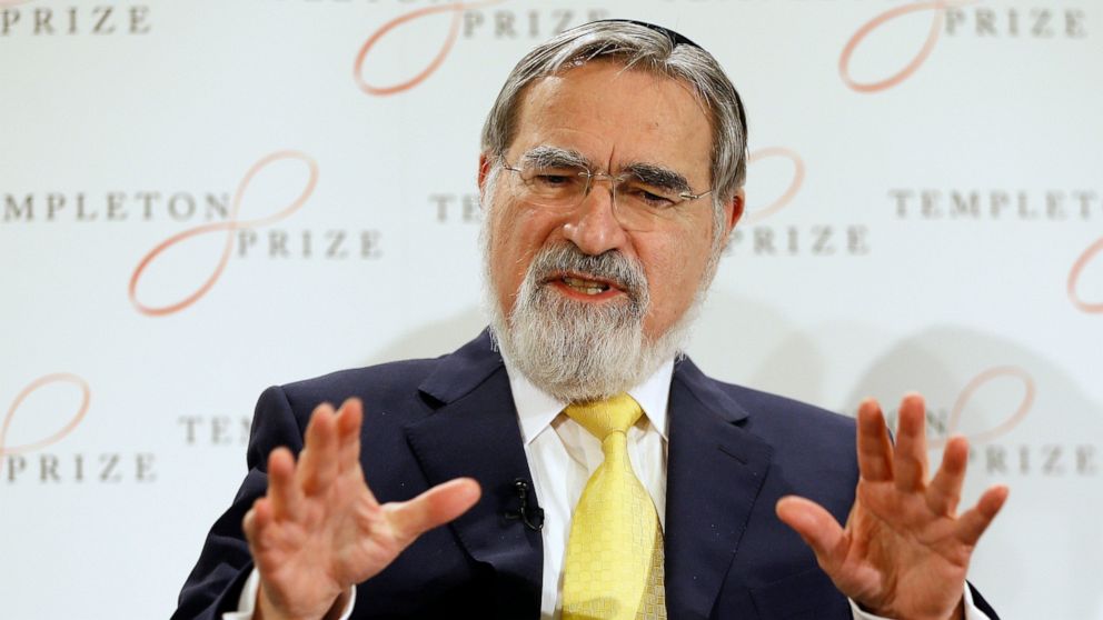 FILE - In this March 2, 2016, file photo, Rabbi Lord Jonathan Sacks speaks at a press conference announcing his winning of the 2016 Templeton Prize, in London. Sacks, the former chief rabbi in the U.K. who reached beyond the Jewish community with his