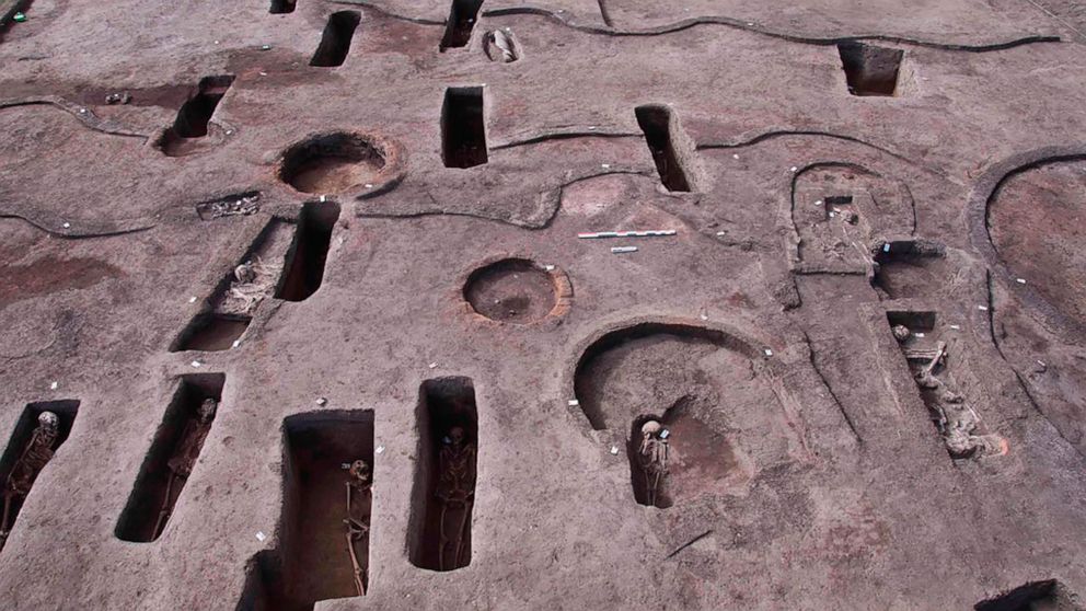 This photo provided by the Egyptian Tourism and Antiquities Ministry on Tuesday, April 27, 2021, shows ancient burial tombs unearthed recently, some with human remains, in the Koum el-Khulgan archeological site, in the Nile Delta province of Dakahlia