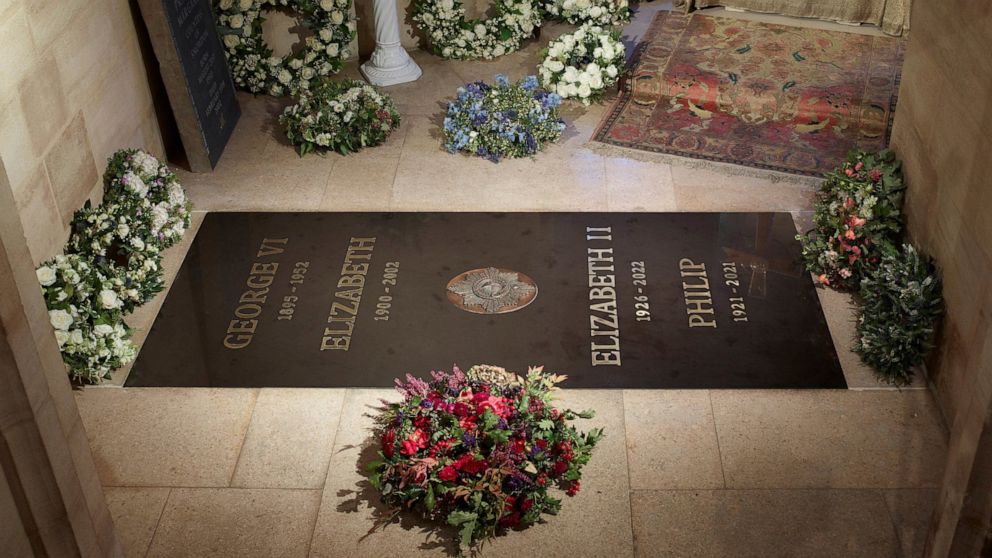 This photo provided by Buckingham Palace on Saturday Sept. 24, 2022 shows the ledger stone at the King George VI Memorial Chapel, St George's Chapel, Windsor Castle in Windsor, England. (Royal Collection Trust/The Dean and Canons of Windsor, PA via AP)