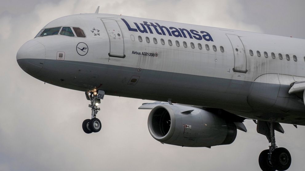 FILE - A Lufthansa aircraft approaches the airport in Frankfurt, Germany, July 26, 2022. Pilots with Germany's Lufthansa have voted in favor of possible strike action, a union announced Sunday, July 31, 2022, saying that walkouts can still be avoided