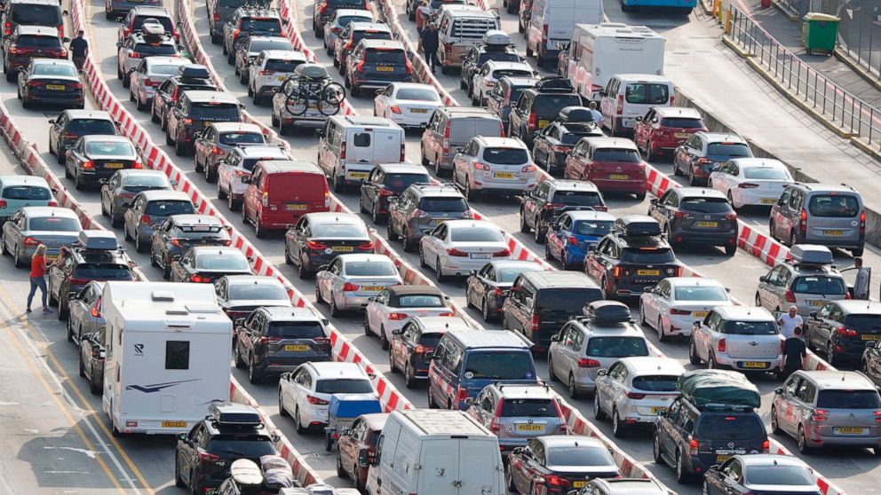 Traffic queues are seen at the check-in of the Port of Dover as delays at the Port of Dover and Eurotunnel continue to affect journeys as many families embark vacations following the start of summer holidays for schools in England and Wales, near Fol