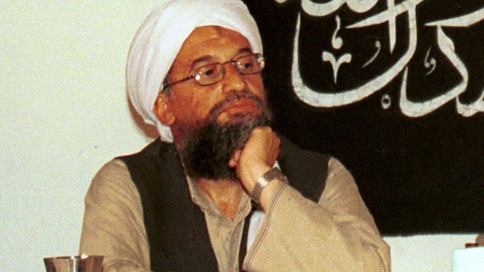 FILE - In this 1998 file photo made available Friday, March 19, 2004, Ayman al-Zawahri, holds a press conference with Osama bin Laden (not seen) in Khost, Afghanistan. Ayman al-Zawahri made an appearance in a pre-recorded video, Friday, May 6, 2022, 