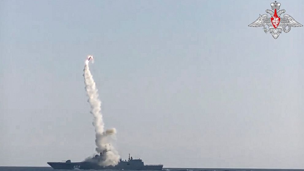 In this photo taken from video distributed by Russian Defense Ministry Press Service, a new Zircon hypersonic cruise missile is launched by the frigate Admiral Gorshkov of the Russian navy from the White Sea, in the north of Russia, Russia, Monday, J