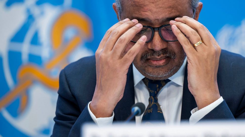 FILE - Tedros Adhanom Ghebreyesus, Director General of the World Health Organization (WHO), gestures as he speaks to journalists during a press conference organized by the Geneva Association of United Nations Correspondents (ACANU) at the World Healt