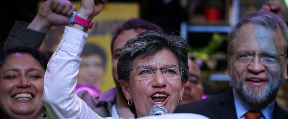 Claudia Lopez with the Green Alliance celebrates her election victory as mayor of Bogota, in Bogota, Colombia, Sunday, Oct. 27, 2019. Colombians went to the polls to choose mayors, state governors and local assemblies. (AP Photo/Ivan Valencia)