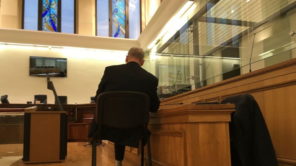 In this photo taken on Tuesday, Jan. 22, 2019, former swimming champion and ex-manager of one of the country's most successful ice hockey clubs Vincent Leroyer sits on a chair during a break in proceedings during his trial for child rape and sexual m