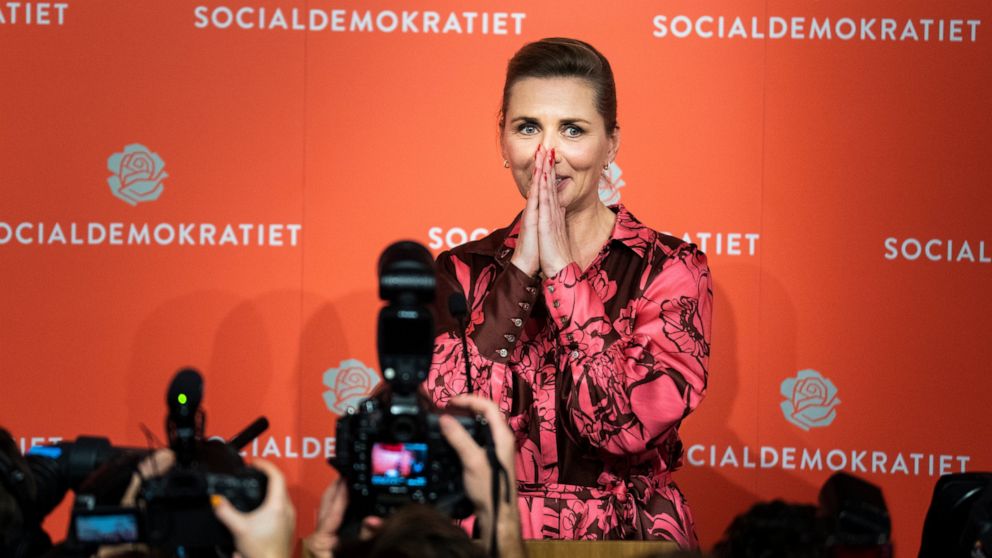 Denmark's Prime Minister and head of the the Social Democratic Party Mette Frederiksen speaks during the country's general election night at the party in Copenhagen, Denmark, Tuesday, Nov. 1, 2022. (Martin Sylvest/Ritzau Scanpix via AP)