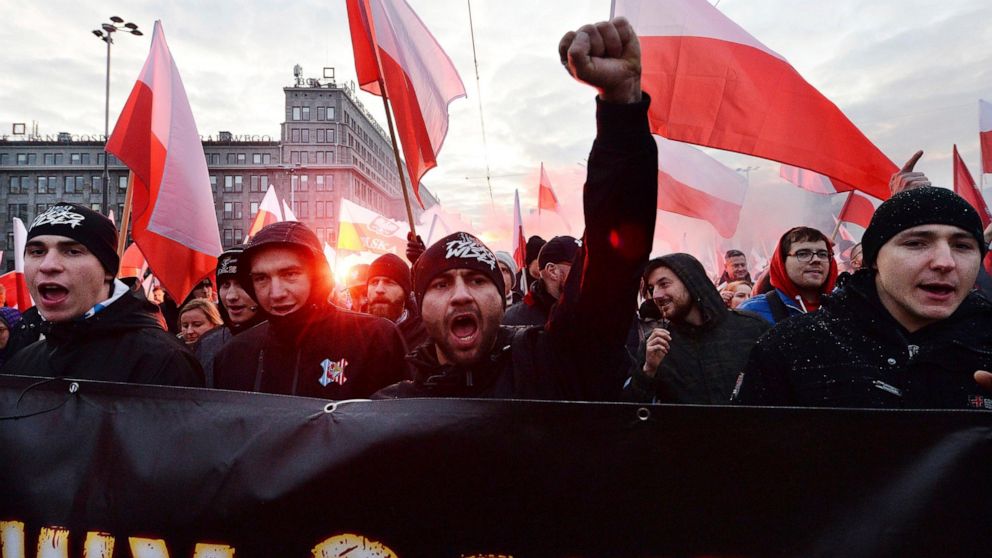 FILE - In this Monday, Nov. 11, 2019 file photo, people take part in the March of Independence organized by far right activists to celebrate 101 years of Poland's independence in Warsaw, Poland. A Polish court has upheld an attempt by the Warsaw mayo