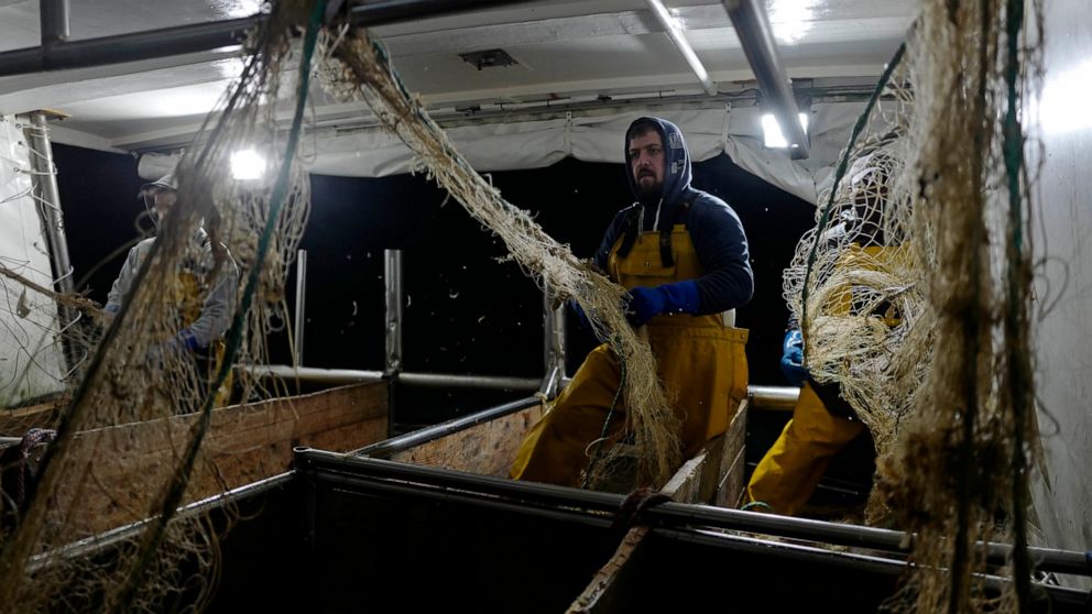 Fisherman, Nicolas Bishop, on the Boulogne sur Mer based trawler "Jeremy Florent II" prepares to raise fishing nets off the coast of northern France in Boulogne-sur-Mer, northern France, Thursday, Dec. 10, 2020. European Commission President Ursula v