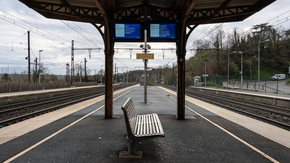 An empty platform is pictured during a railway strike at the Saint Germain au Mont d'Or train station, around Lyon, central France, Monday, Dec. 9, 2019. French commuters inched to work Monday through exceptional traffic jams, as strikes to preserve 