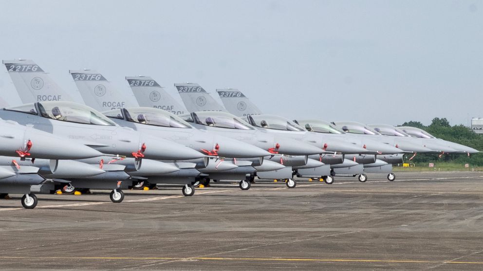 Newly commissioned upgraded F-16V fighter jets are seen at Air Force base in Chiayi in southwestern Taiwan Thursday, Nov. 18, 2021. Taiwan has deployed the most advanced version of the F-16 fighter jet in its Air Force, as the island steps up its def