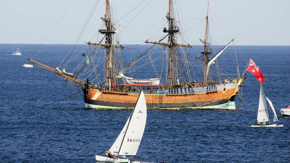 FILE - A replica of the ship the Endeavour is at anchor in Botany Bay, Sydney, April 17, 2005. Experts say on Thursday, Feb. 3, 2022, they had identified what's left of British explorer James Cook's ship Endeavour in Newport Harbor, Rhode Island. (AP