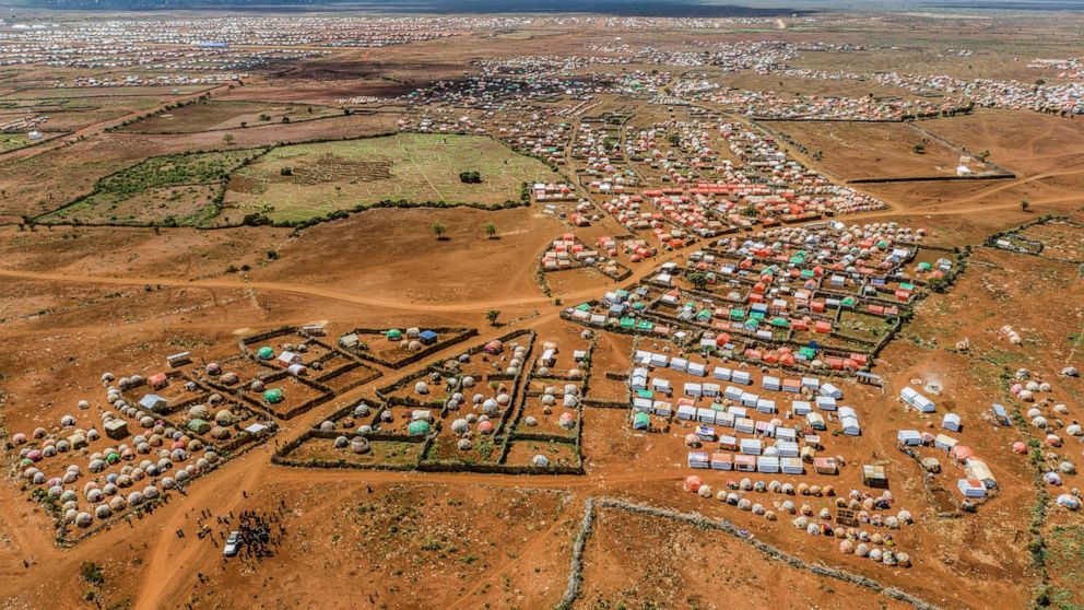 The Kaam Jiroon camp for the internally-displaced is seen from the air in Baidoa, Somalia, Wednesday, June 15, 2022. An unprecedented fourth failed rainy season with catastrophic hunger, disease and displacement has forced Somalia into a climate cris