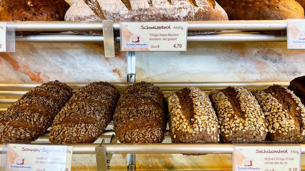 Bread is displayed for sale at the family bakery of Engelbert Schlechtrimen in Cologne, Germany, Wednesday, Sept. 21, 2022. For 90 years, the family of Engelbert Schlechtrimen has been baking wheat rolls, rye bread, apple, cheese and chocolate cakes 
