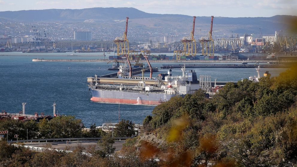 FILE An oil tanker is moored at the Sheskharis complex, part of Chernomortransneft JSC, a subsidiary of Transneft PJSC, in Novorossiysk, Russia, Tuesday, Oct. 11, 2022, one of the largest facilities for oil and petroleum products in southern Russia. 