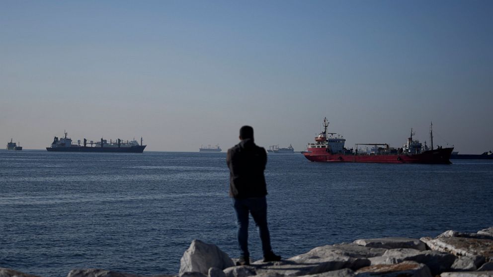 Cargo ships anchored in the Marmara Sea await to cross the Bosphorus Straits in Istanbul, Turkey, Tuesday, Nov. 1, 2022. Turkey's defense minister urged Russia to "reconsider" its decision to suspend the implementation of the U.N. and Turkish-brokere