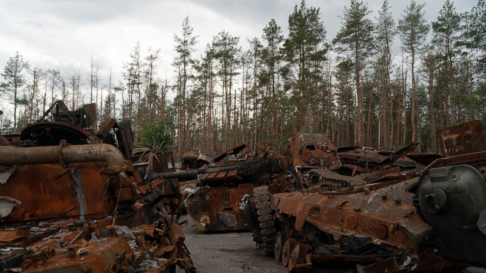 Destroyed Russian equipment is placed in an area at the recaptured town of Lyman, Ukraine, Wednesday, Oct. 5, 2022. (AP Photo/Leo Correa)